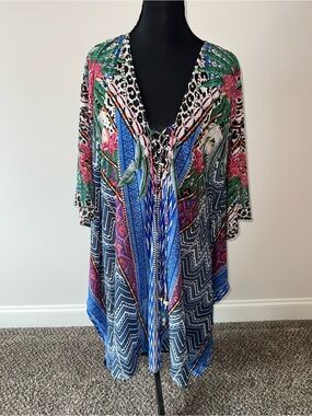 Violet Sky Women's Floral blue, pink, and grey cover-up tunic caftan